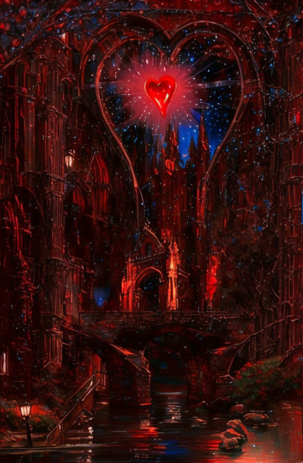 Colorful painting of heart-shaped nebula over gothic architecture.