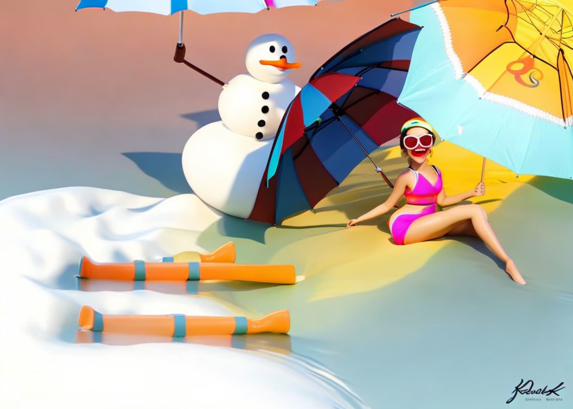 Snowman and woman in swimwear under umbrellas on snowy beach.