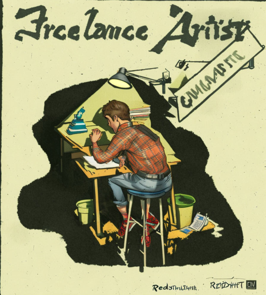 Man at drawing desk with scattered creative tools: Freelance Artist illustration