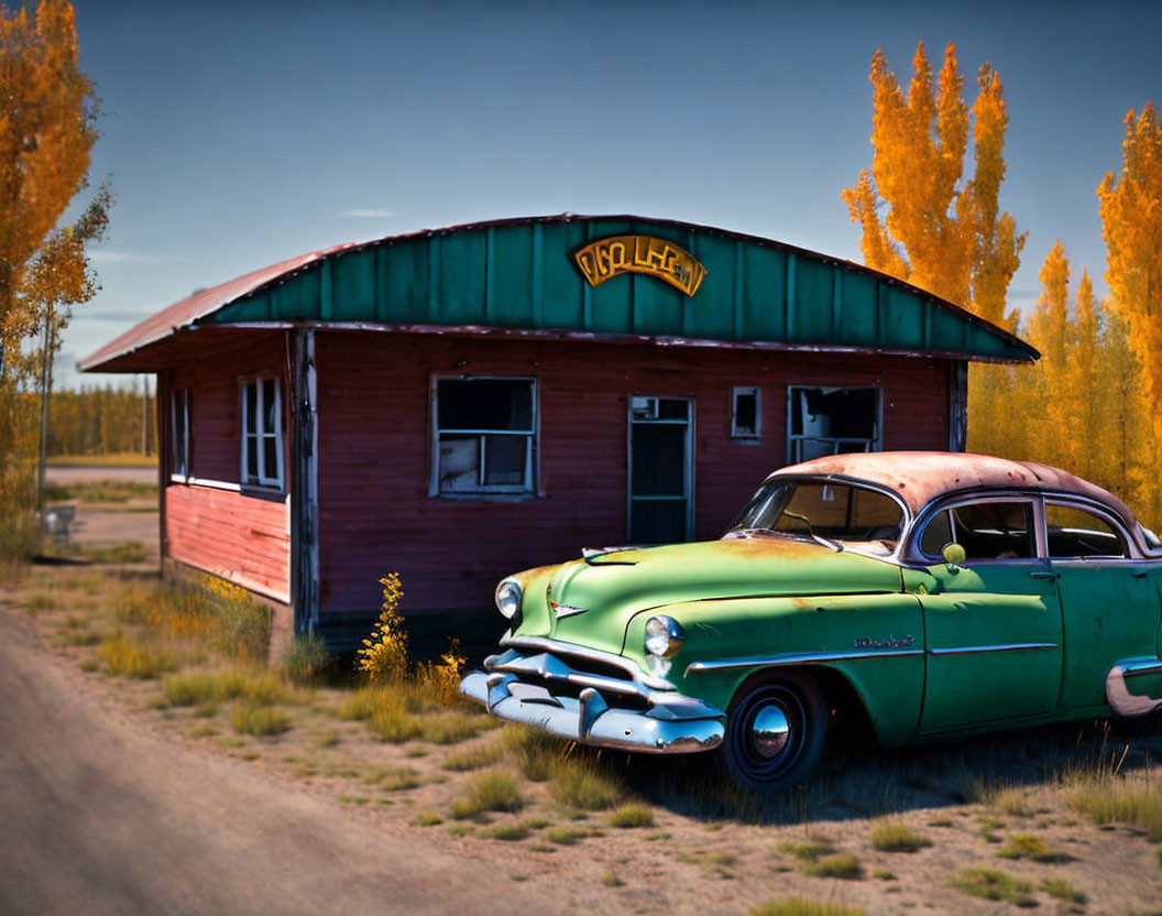 Vintage Green and White Car Parked in Front of Old Red Building with Autumn Trees