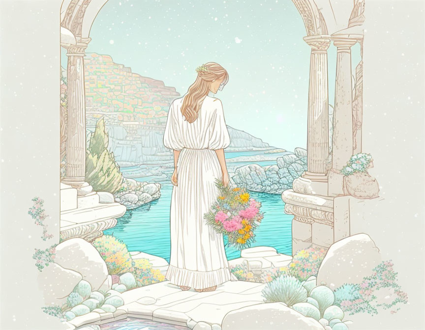 Woman in white dress with bouquet in ancient ruins overlooking serene sea