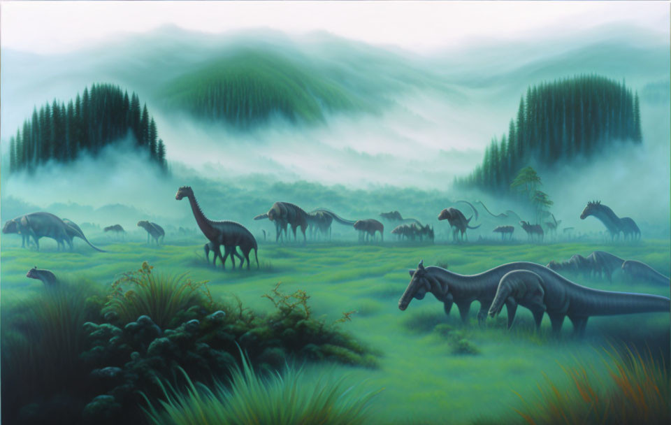 Prehistoric landscape with sauropods and herbivores in lush greenery