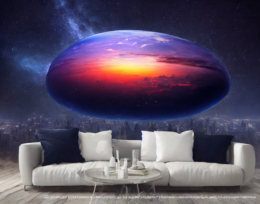 Modern living room with white sofa, decorative pillows, coffee table, surreal celestial backdrop.