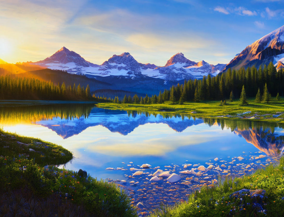 Snow-capped mountains reflected in serene lake at sunrise