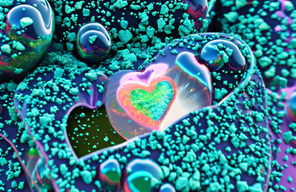 Colorful Heart-Shaped Fractal Art with Particles and Bubbles