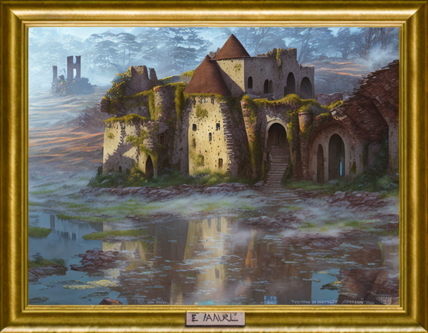 Tranquil digital painting of an overgrown stone castle by reflective water