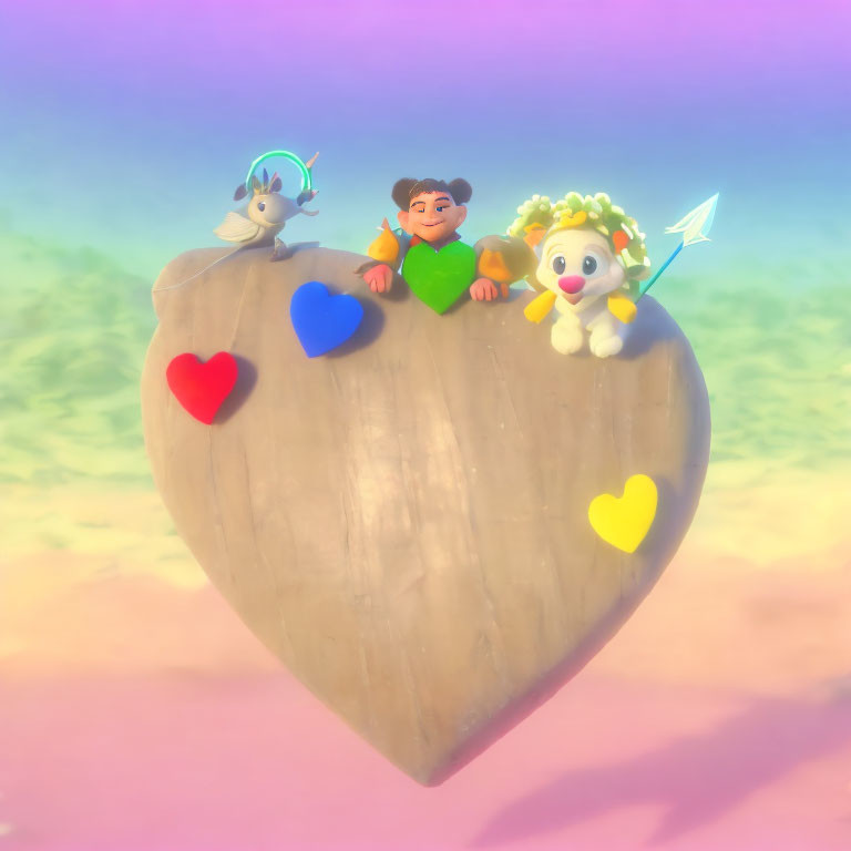 Three animated characters on wooden heart in colorful sky with hearts.