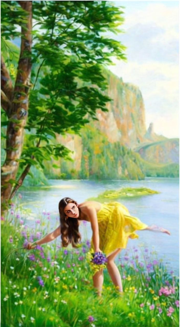 Person in yellow dress touching flowers by serene riverside with lush greenery