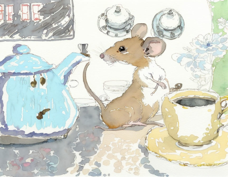 Illustrated mouse in chef's hat with teapot and cup in soft pastel colors