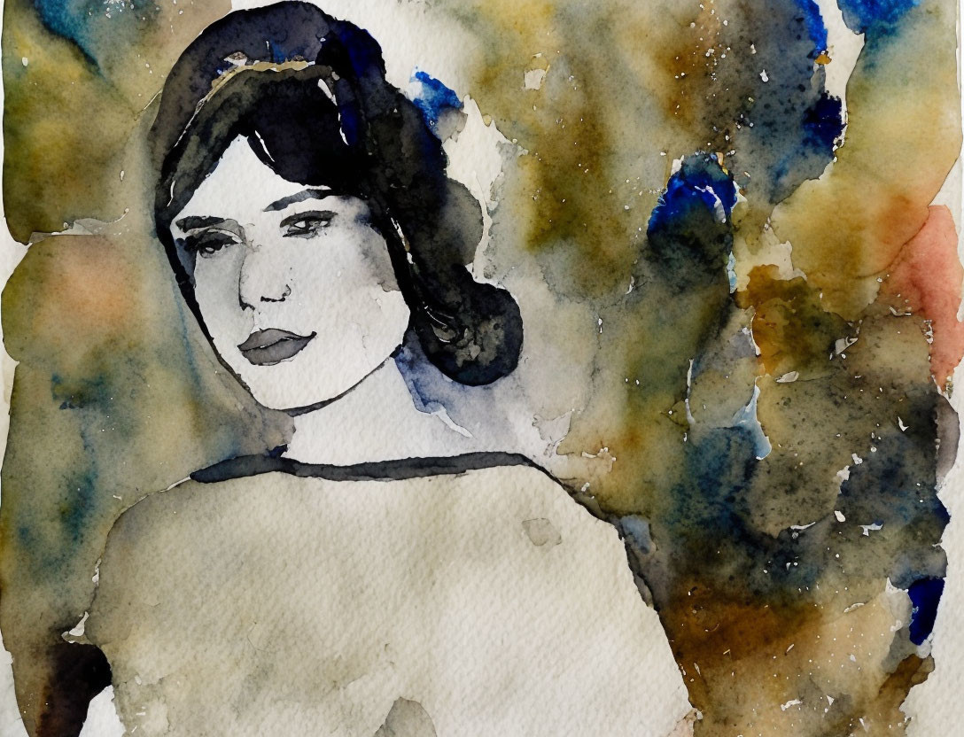 Stylized watercolor portrait of a contemplative woman on multicolored background