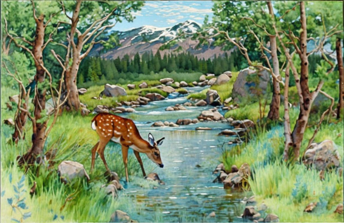 Tranquil deer painting by stream with trees and mountains