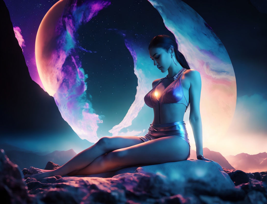 Woman Contemplating Under Alien Sky with Celestial Bodies