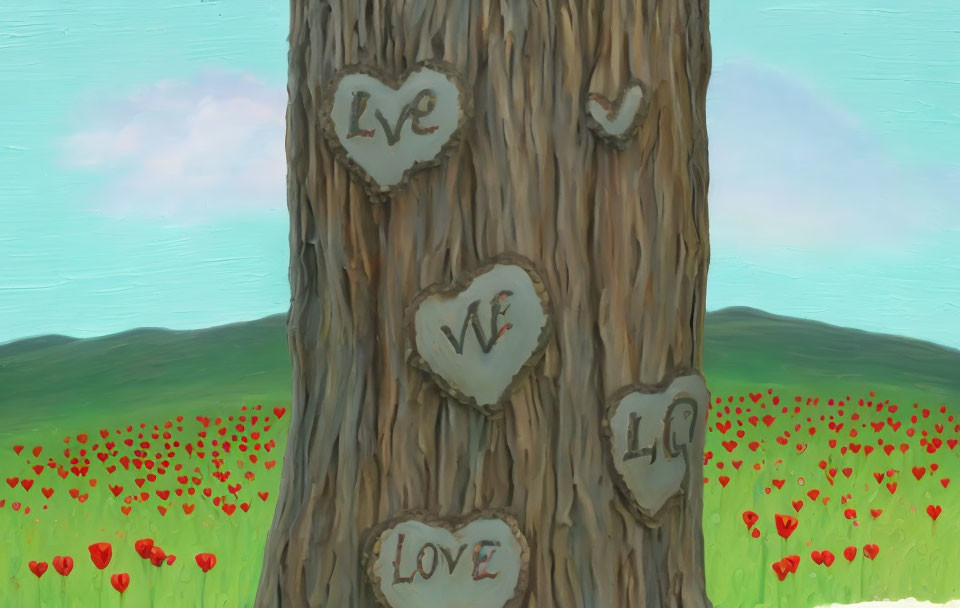 Tree painting with heart carvings and "LOVE" word in meadow scene