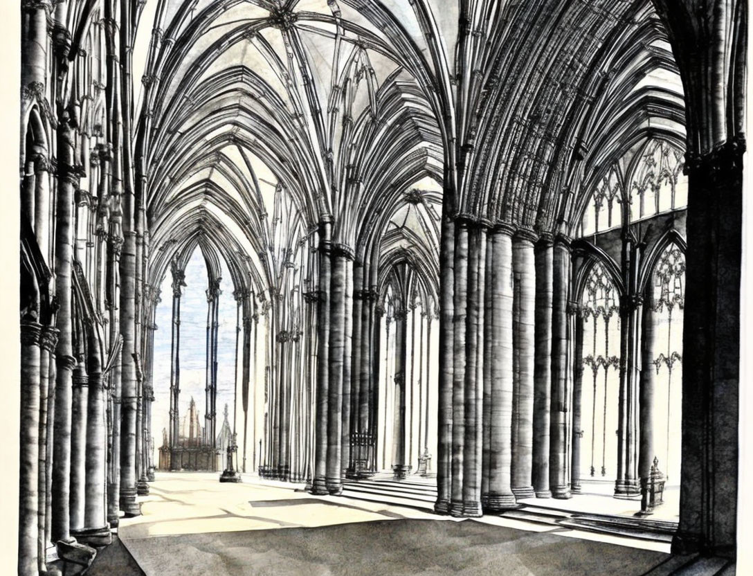 Detailed Sketch of Cathedral Interior with Gothic Arches and Columns