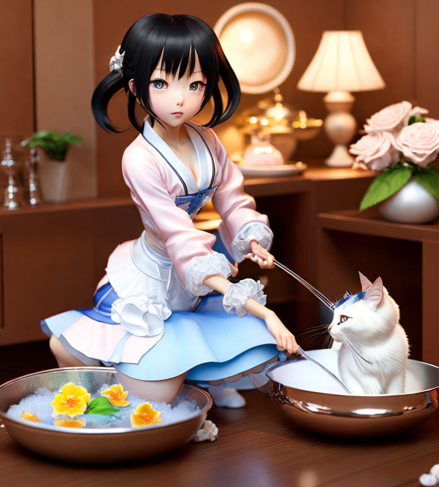 Black-haired 3D-animated maid bathing white cat in blue and white outfit with yellow flowers.