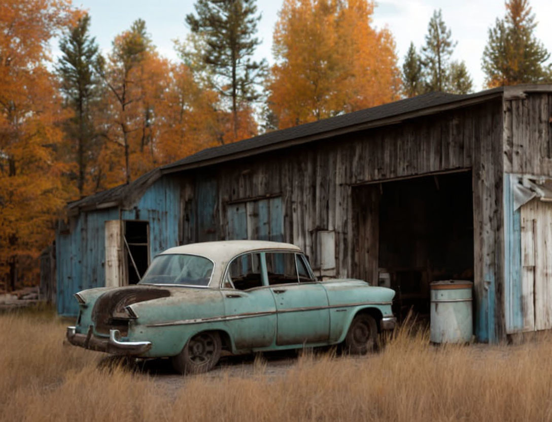 Vintage Teal Car Parked by Old Wooden Barn and Autumn Trees