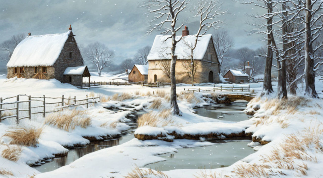 Snow-covered cottages, frozen stream, bare trees - Winter Landscape Scene