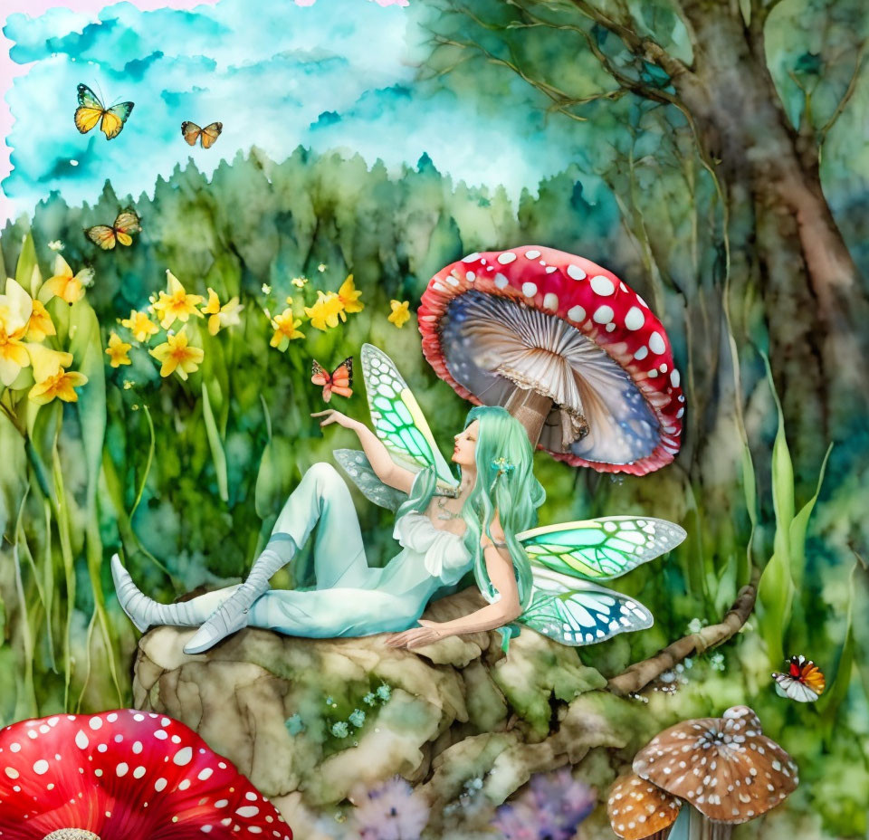 Fantasy illustration: Winged girl on mushroom in enchanted forest.