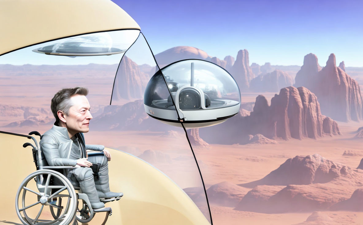 Digital artwork: Person in wheelchair viewing futuristic pods over desert landscape