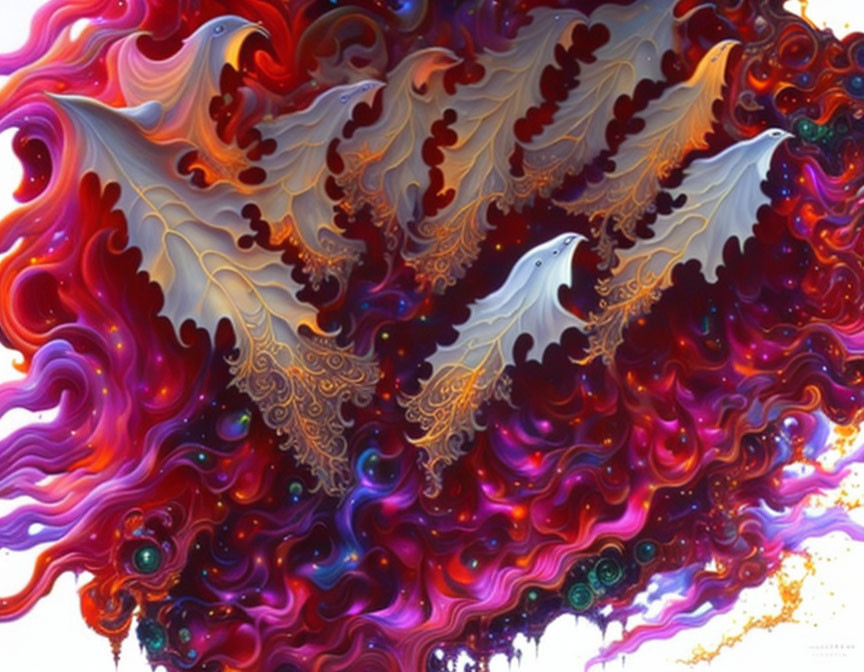 Colorful Abstract Art: Red, Purple, and Blue Swirls with Bird-like Patterns