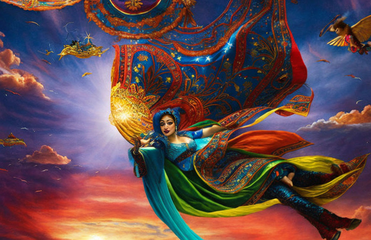 Mythological female figure in traditional attire flying with celestial ships and birds in colorful illustration