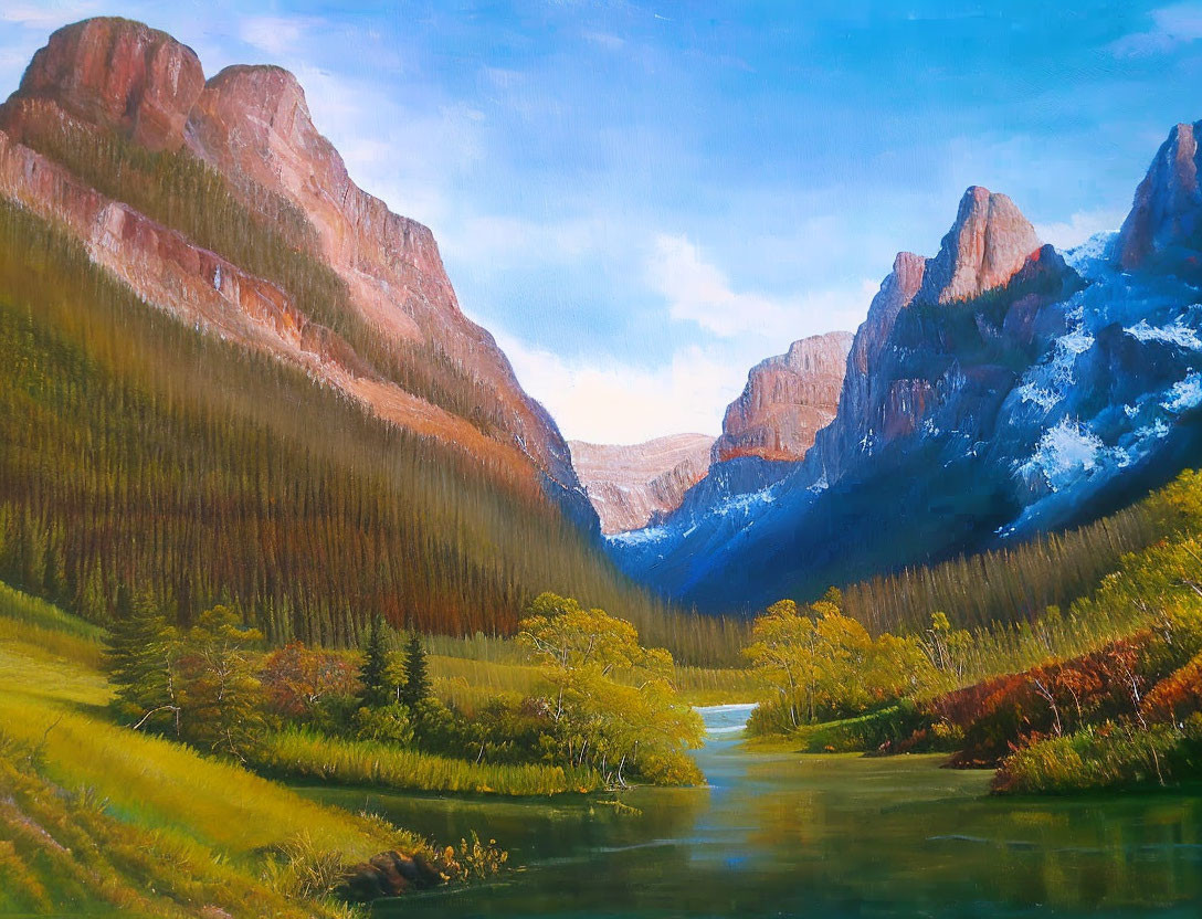 Mountainous Landscape Painting with River and Clear Sky