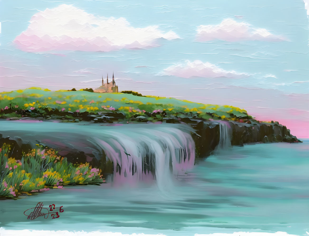 Scenic acrylic painting of green hill, waterfall, sea, pastel sky, and castle silhouette