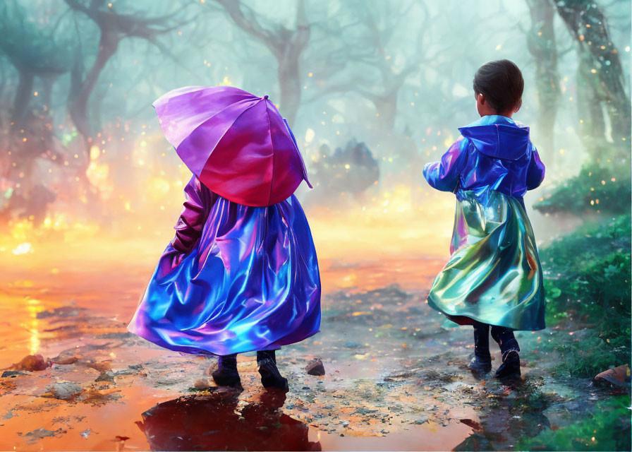 Children in colorful raincoats with pink umbrella in misty forest