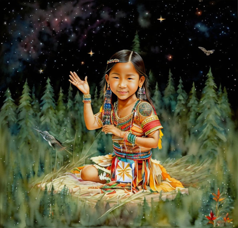 Child in indigenous attire waves on blanket in forest setting