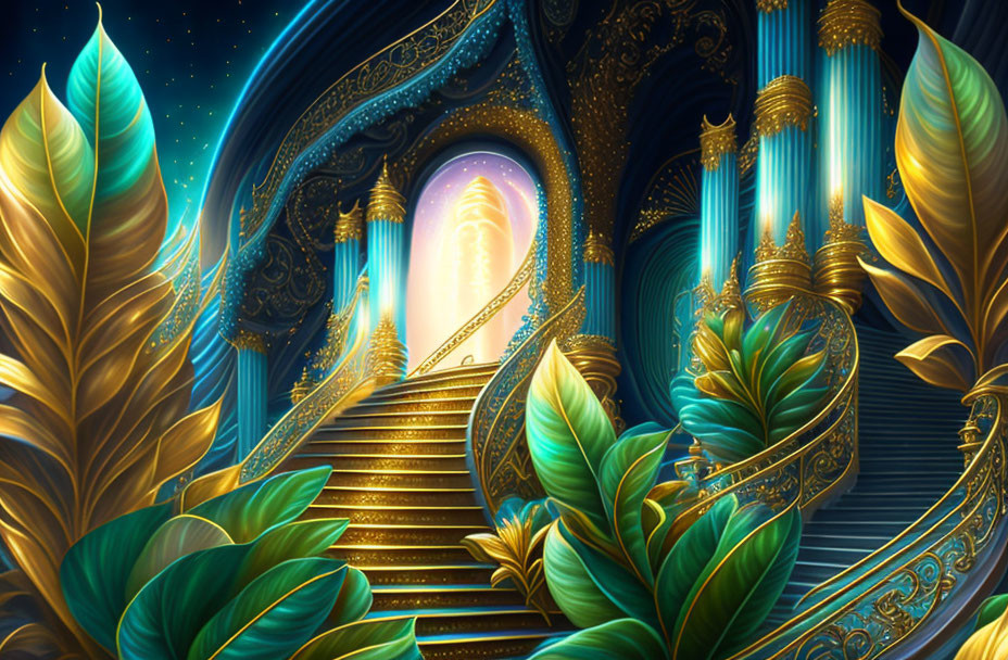 Grand Golden Staircase Leading to Luminous Portal with Blue Columns