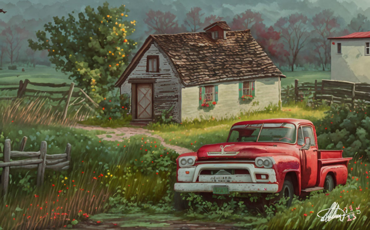 Vintage red pickup truck parked in front of quaint cottage in rustic scene