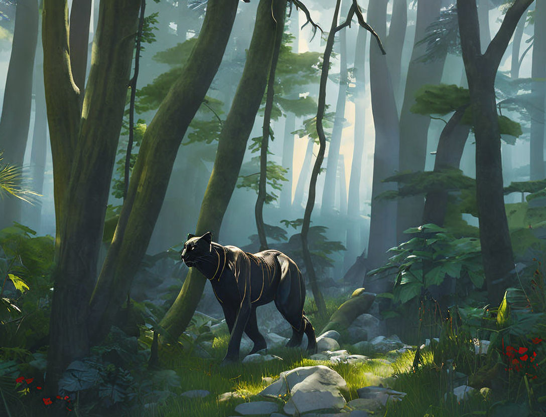 Majestic black panther in sunlit forest with tall trees