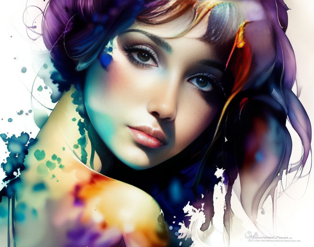 Vibrant digital artwork of a woman with colorful paint effects