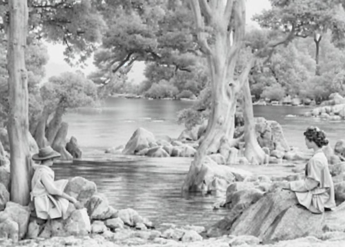 Sitting individuals by serene river among large trees