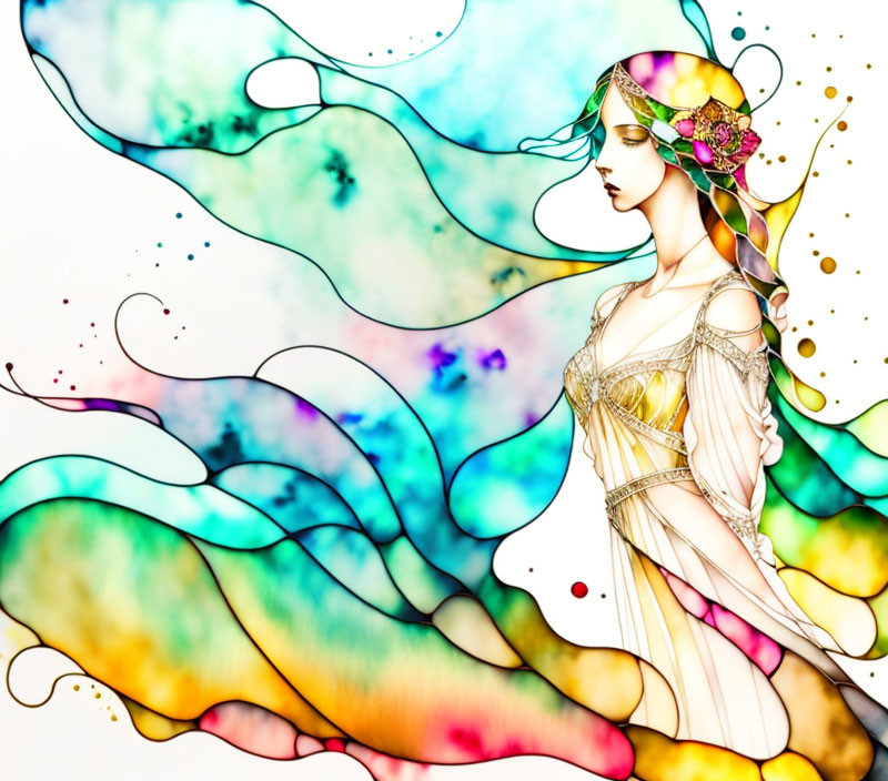 Vibrant illustration of woman with floral headpiece and abstract watercolor swirls