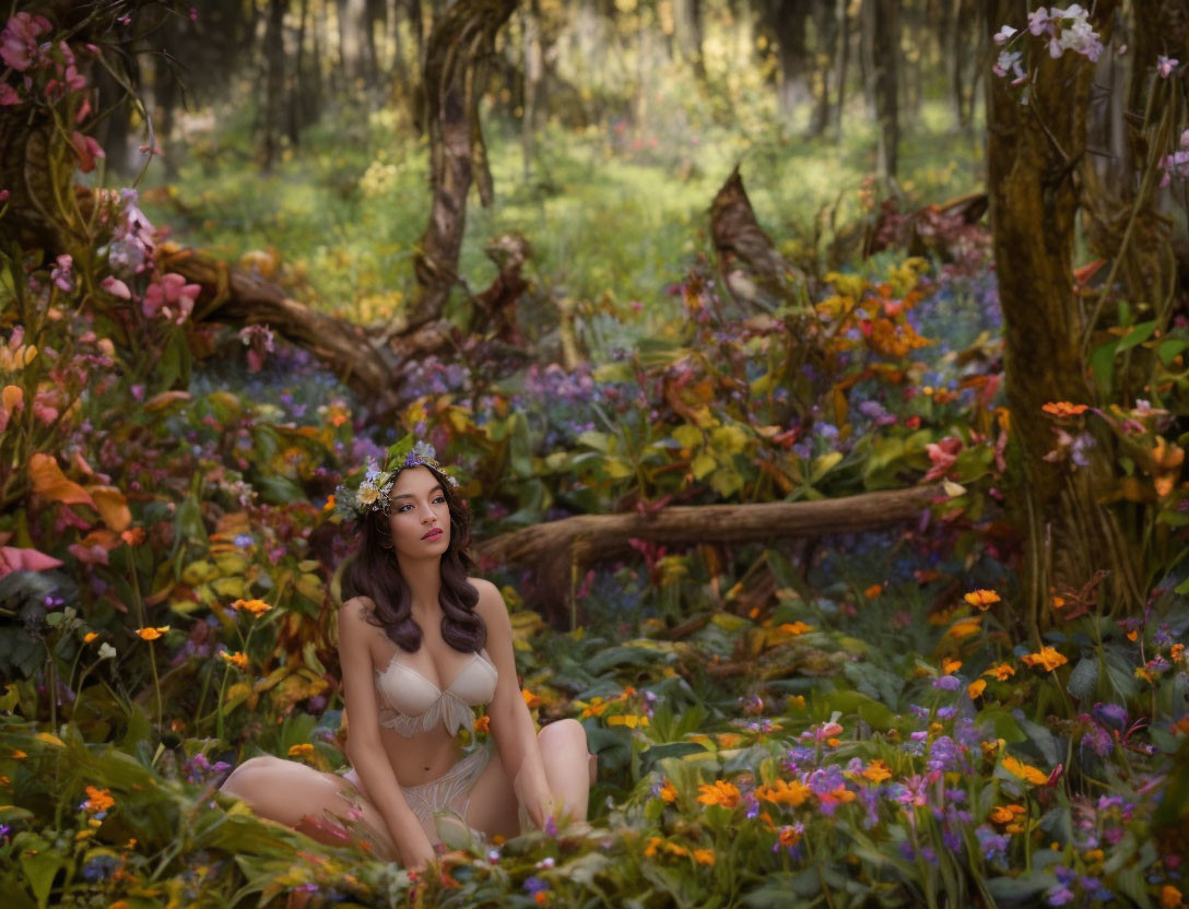 Woman in light clothing amidst colorful forest glade with wildflowers and floral crown.