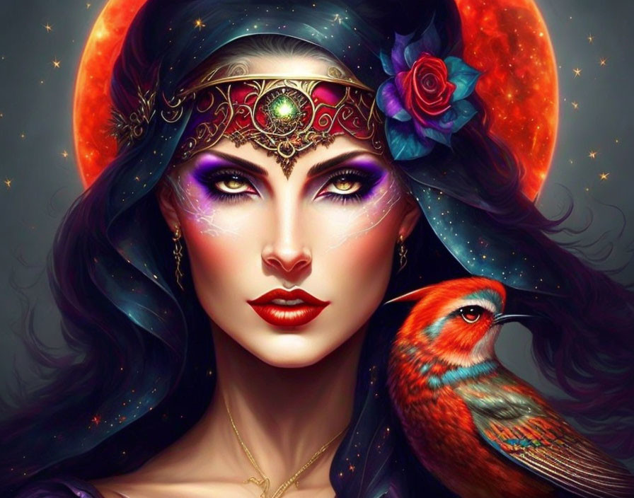 Mystical woman with lunar halo, elaborate headpiece, and vibrant bird.