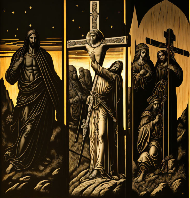 Triptych Artwork: Passion of Christ Scenes in Gold and Black Tones