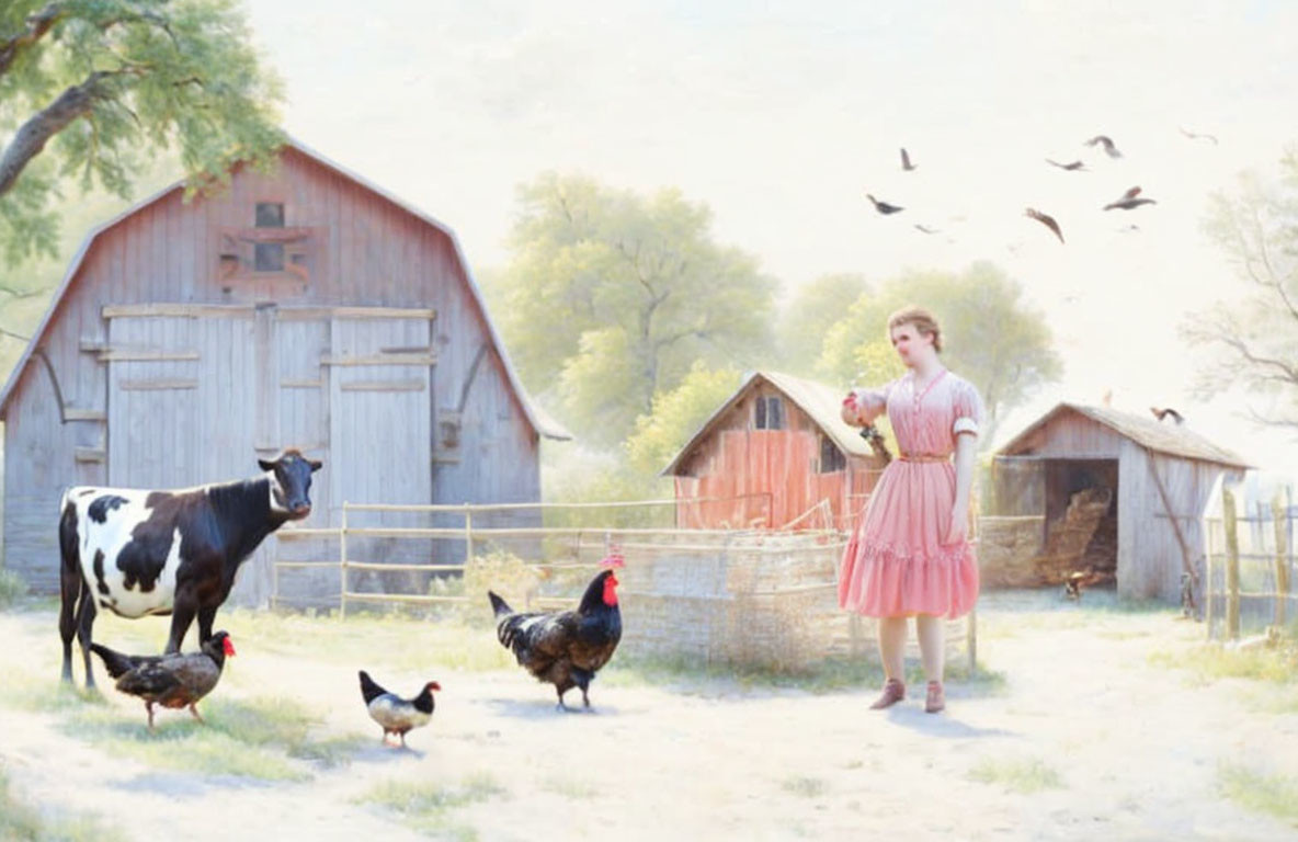 Woman in Pink Dress Feeding Chickens with Cow and Barn on Sunny Day