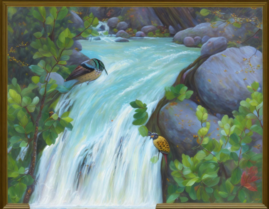 Colorful waterfall scene with birds and flowers in lush painting