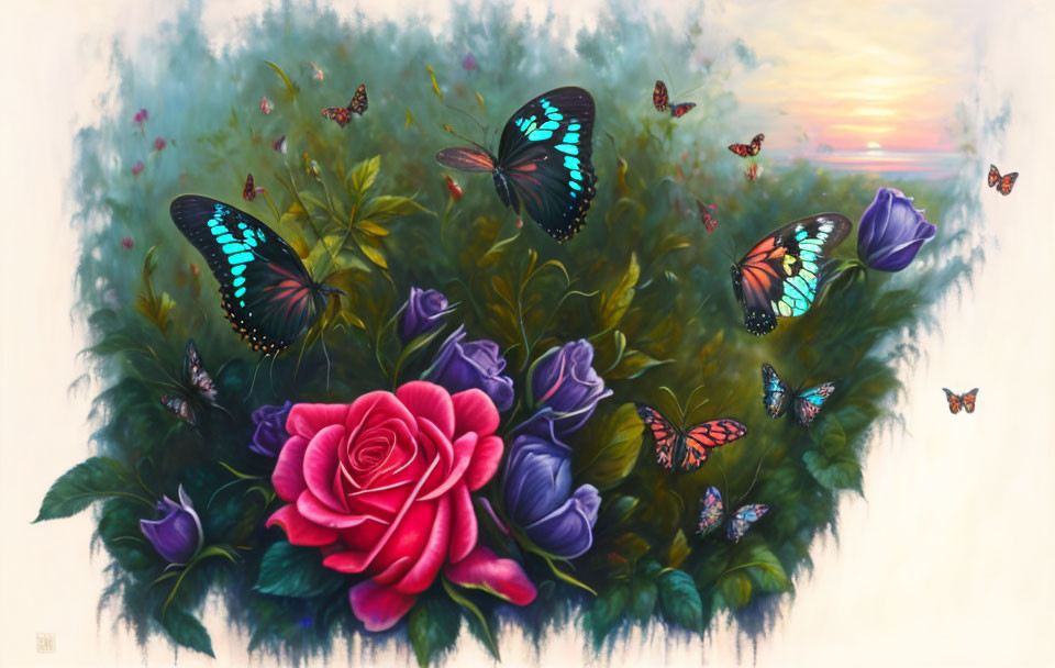 Colorful painting of pink rose, purple flowers, and butterflies in sunset scene