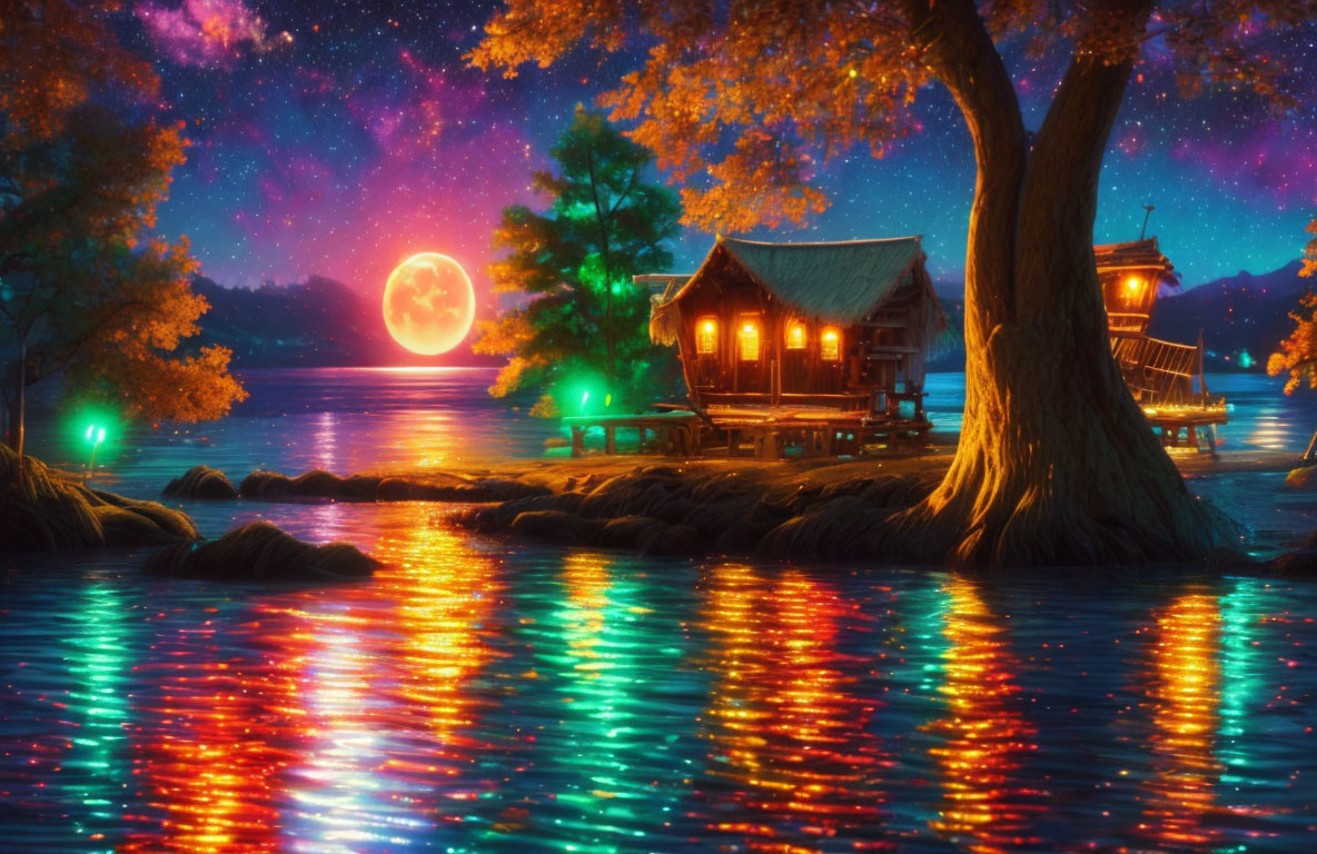 Nighttime lakeside cabin with colorful reflections, starlit sky, and glowing trees