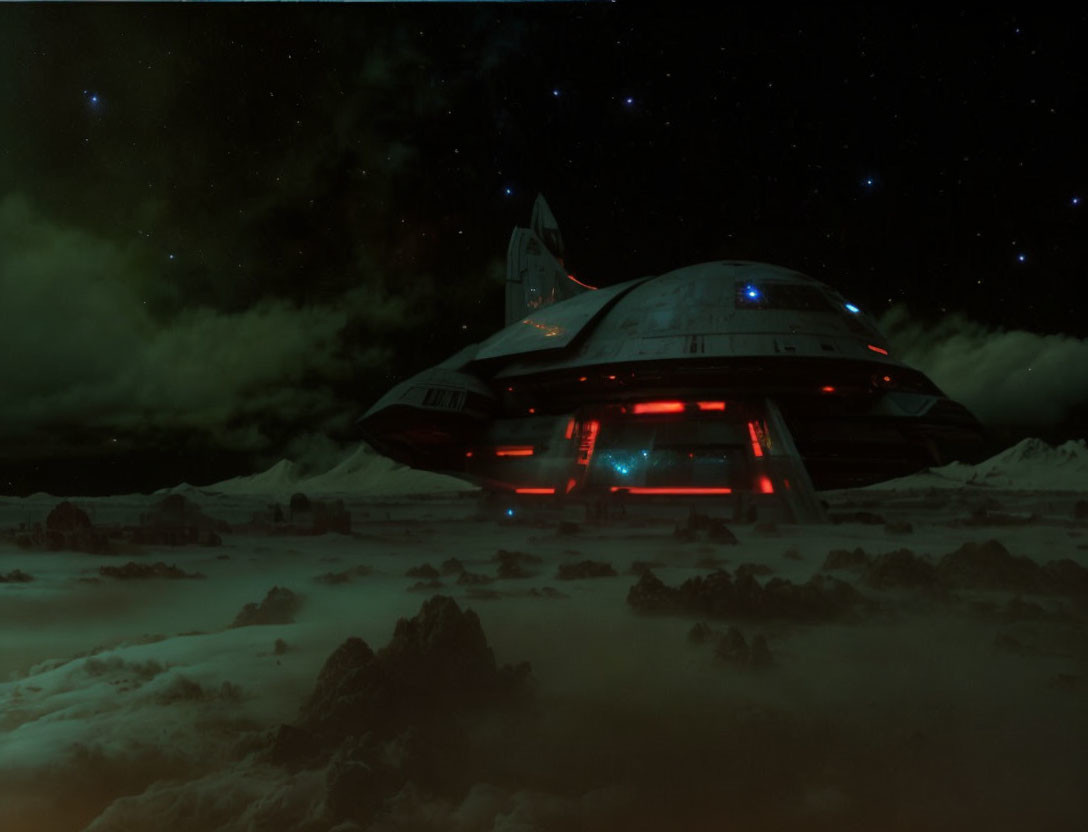 Futuristic spaceship above rocky terrain at night