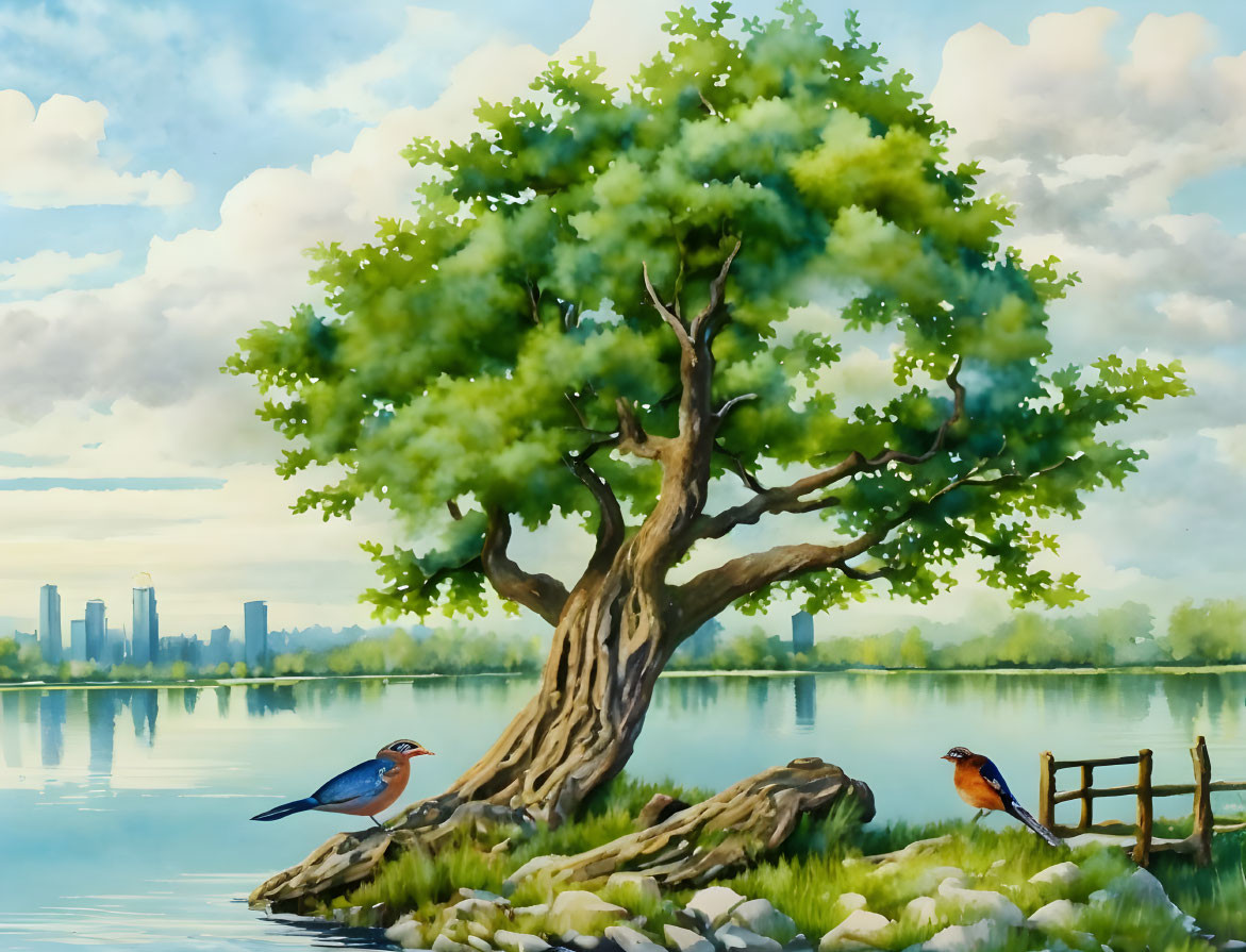 Large tree by lake with birds and city skyline in watercolor