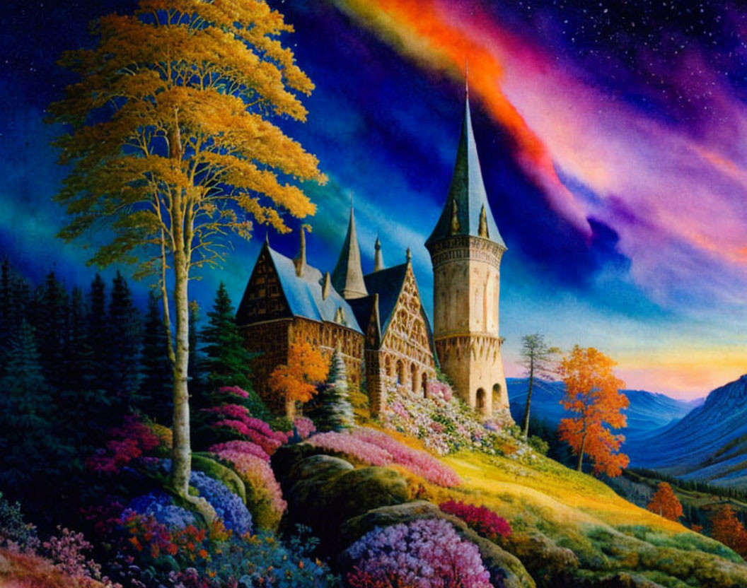 Castle painting in vibrant landscape with aurora night sky