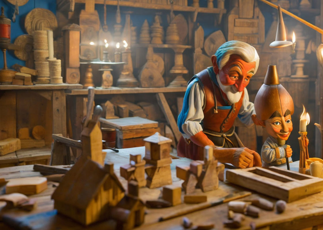 Elderly puppeteer creating Pinocchio in candlelit workshop