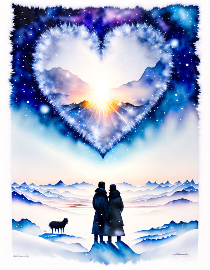 Couple with Dog in Snowy Landscape under Heart Aurora