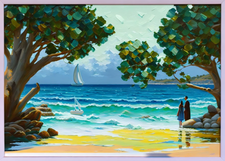 Couple by shore under trees looking at sailboat on wavy seas