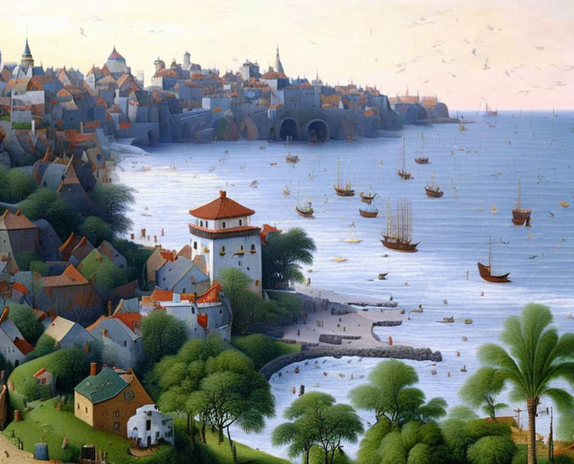 Coastal Town with Terracotta Rooftops and Sailing Ships