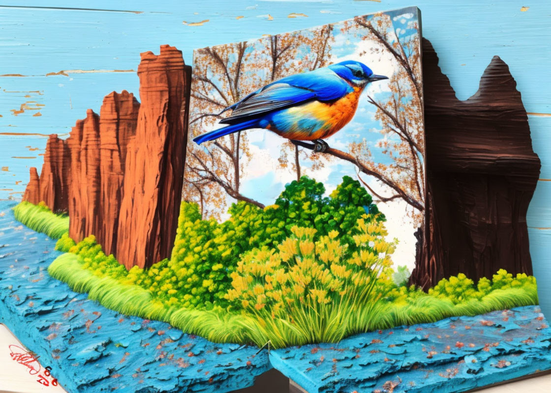 Vibrant painting: blue and orange bird on rocky landscape with clear sky